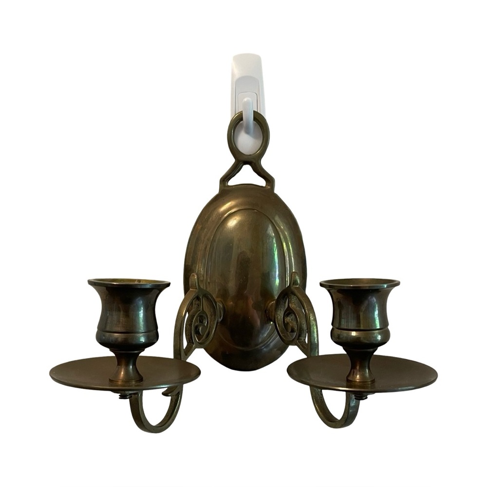 Vintage Double Brass Wall Sconce - Twin Arm Candle Holder - Oval Shape - 7" x 6"